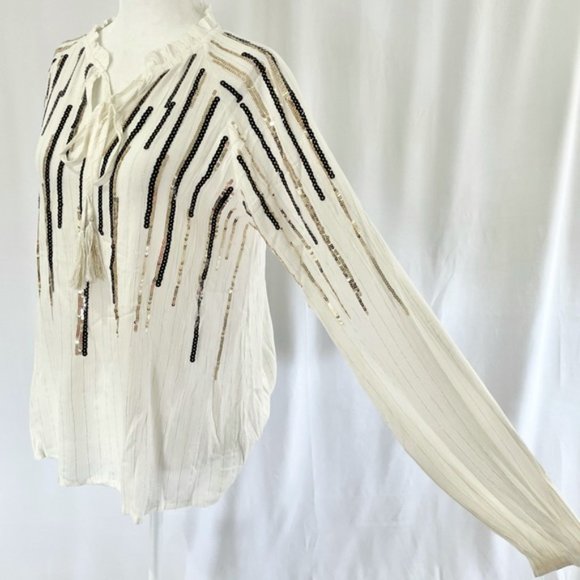 New Free The Roses Sequin Striped Tassel Tie Peasant Top Ivory Black Gold Medium - Picture 6 of 16